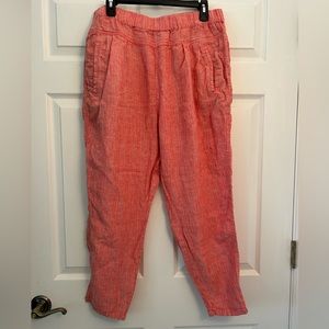 Anthropologie Linen Coral & Cream Striped Pull-on Front Pocket Pant Women Size L